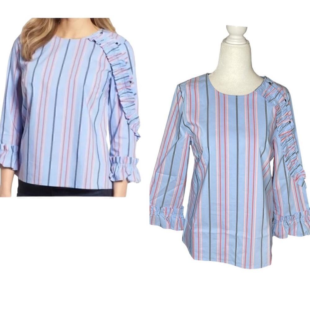 Halogen Striped Ruffled Blouse Bell Sleeves Cotton Size Small - Picture 1 of 14